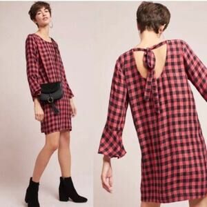 Cloth & Stone Red Buffalo Plaid Flutter Sleeve Dress Size XS